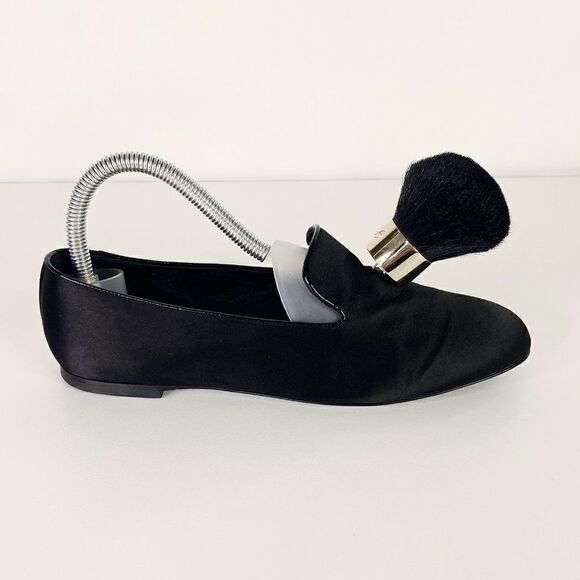 Roger Vivier Black Satin Slip On Flats with Brush Tassel Detail - Picture 1 of 11